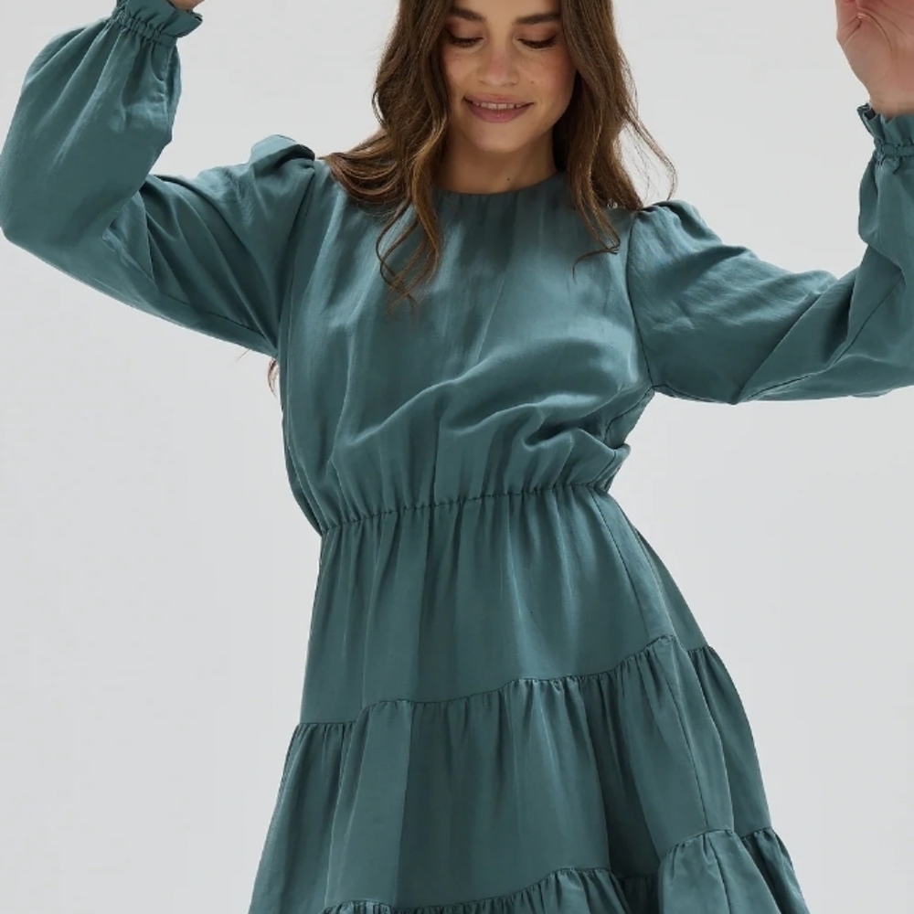 Princess Highway Long Sleeve Tiered Mini Dress Blue Green Size 12 (16 AU) Boho